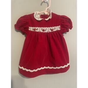 Vintage HUGS & KISSES Baby Girl Dress Sz 12 Mos Red Velvet Short Sleeve Lace